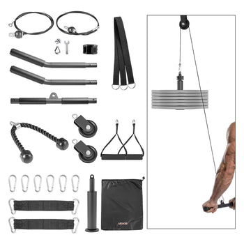 Pulley System, 2 PCS LAT and Lift Pulley System, Gym Rack Pulleys Attachment with two Steel Cables, Short Bar, Dual Grip Handles, Cable Machine for Bicep, Shoulder, Back, Up to 330 lbs Capacity