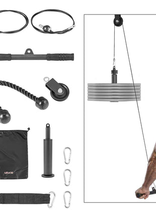 Pulley System, 1 PC LAT and Lift Pulley System, Gym Rack Pulleys Attachment with two Steel Cables, Short Bar, Dual Grip Handles, Cable Machine for Bicep, Shoulder, Back, Up to 280 lbs Capacity