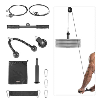 Pulley System, 1 PC LAT and Lift Pulley System, Gym Rack Pulleys Attachment with two Steel Cables, Short Bar, Dual Grip Handles, Cable Machine for Bicep, Shoulder, Back, Up to 280 lbs Capacity
