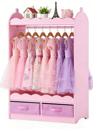 Kids Dress Up Storage, with Mirror, Toddler Costume Wardrobe with Drawer, Dress Up Wardrobe Closet for Little Girls, Pretend Storage Dresser, Costume Organizer, for Bedroom, Kids Room, Pink