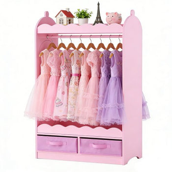 Kids Dress Up Storage, with Mirror, Toddler Costume Wardrobe with Drawer, Dress Up Wardrobe Closet for Little Girls, Pretend Storage Dresser, Costume Organizer, for Bedroom, Kids Room, Pink