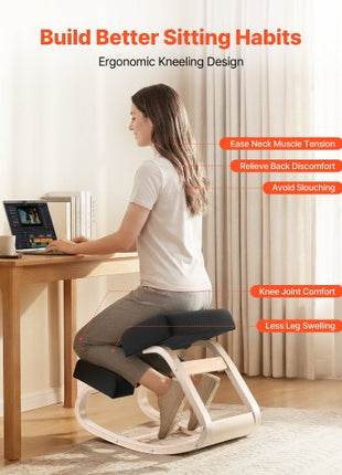 Ergonomic Kneeling Chair, Wooden Posture Knee Chair with Thick Foam Cushions and Solid Wood Frame, Adjustable Height, Natural Relief for Neck or Back Pain, Ideal for Home, Office or Meditation