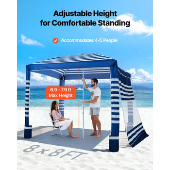Beach Cabana, 8 x 8 ft Beach Canopy with Side Wall, UPF 50+ Protection Easy Setup Cabana Tent with Sand Pockets, Adjustable Height Portable Shade Sun Shelter Umbrella for Family, Navy Stripes