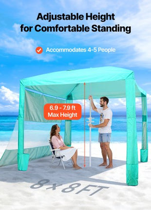 Beach Cabana, 8 x 8 ft Beach Canopy with Side Wall, UPF 50+ Protection Easy Setup Cabana Tent with Sand Pockets, Adjustable Height Portable Shade Sun Shelter Umbrella for Family & Friends, Green