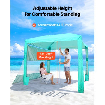 Beach Cabana, 8 x 8 ft Beach Canopy with Side Wall, UPF 50+ Protection Easy Setup Cabana Tent with Sand Pockets, Adjustable Height Portable Shade Sun Shelter Umbrella for Family & Friends, Green