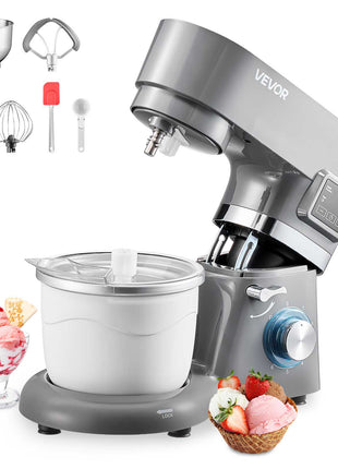 Ice Cream Maker, 1.8 Qt. Capacity, 6-Speed Electric Stand Mixer, with LED Digital Display & Timer, Mixing Paddle, Dough Hook, Splash Guard, for Homemade Frozen Yogurt Fruit Sorbet Gelato, Grey