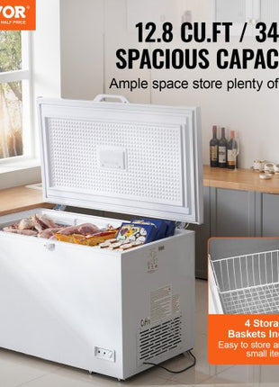 Chest Freezer, 12.8 Cu.ft / 345 L Large Deep Freezer & 4 Removable Baskets, Freestanding Top Open Door Commercial Chest Freezers with Locking Lid, 7-Level Adjustable Temp, LED Lighting, 6 Wheels
