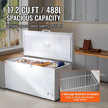 Chest Freezer, 17 Cu.ft Freestanding Top Open Door Commercial Chest Freezers, Large Deep Freezer with 4 Removable Baskets, Locking Lid, Adjustable Temp for -18.4?-10.4?/32? to 50?, LED Lighting, 6 Wheels