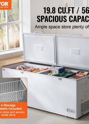 Chest Freezer, 19.8 Cu.ft / 561 L Large Deep Freezer with Split Top Double Locking Lids, Freestanding Commercial Chest Freezer & 4 Removable Baskets, 7-Level Adjustable Temp, LED Light, 6 Wheels