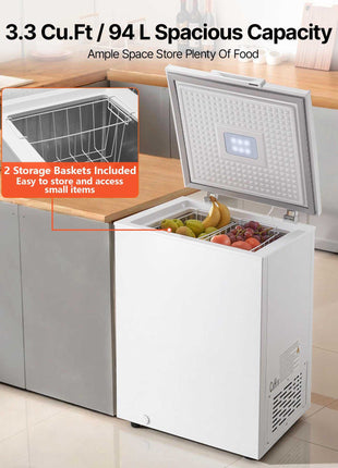 Chest Freezer, 3.3 Cu.ft Compact Deep Freezer, Free Standing Top Open Door Chest Freezers with 2 Removable Baskets & Adjustable Thermostat - Energy Saving, Low Noise & Garage Ready, White