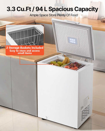 Chest Freezer, 3.3 Cu.ft Compact Deep Freezer, Free Standing Top Open Door Chest Freezers with 2 Removable Baskets & Adjustable Thermostat - Energy Saving, Low Noise & Garage Ready, White