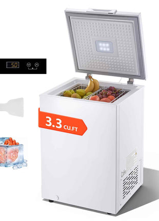 Chest Freezer, 3.3 Cu.ft Compact Deep Freezer, Free Standing Top Open Door Chest Freezers with 2 Removable Baskets & Adjustable Thermostat - Energy Saving, Low Noise & Garage Ready, White