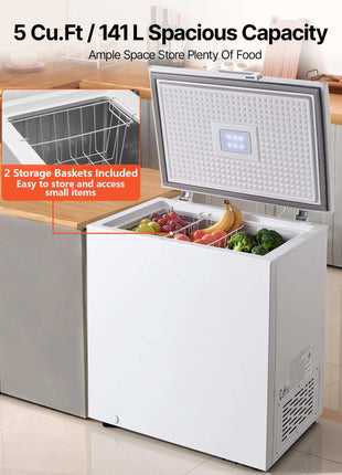 Chest Freezer, 5 Cu.ft Compact Deep Freezer, Free Standing Top Open Door Chest Freezers with 2 Removable Baskets & Adjustable Thermostat - Energy Saving, Low Noise & Garage Ready, White