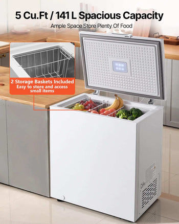 Chest Freezer, 5 Cu.ft Compact Deep Freezer, Free Standing Top Open Door Chest Freezers with 2 Removable Baskets & Adjustable Thermostat - Energy Saving, Low Noise & Garage Ready, White