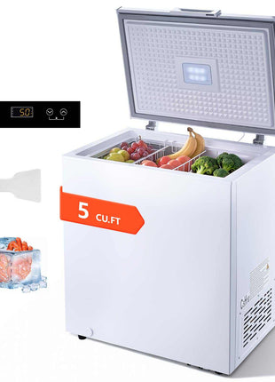 Chest Freezer, 5 Cu.ft Compact Deep Freezer, Free Standing Top Open Door Chest Freezers with 2 Removable Baskets & Adjustable Thermostat - Energy Saving, Low Noise & Garage Ready, White