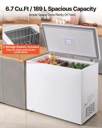 Chest Freezer, 6.7 Cu.ft Compact Deep Freezer, Free Standing Top Open Door Chest Freezers with 2 Removable Baskets & Adjustable Thermostat - Energy Saving, Low Noise & Garage Ready, White