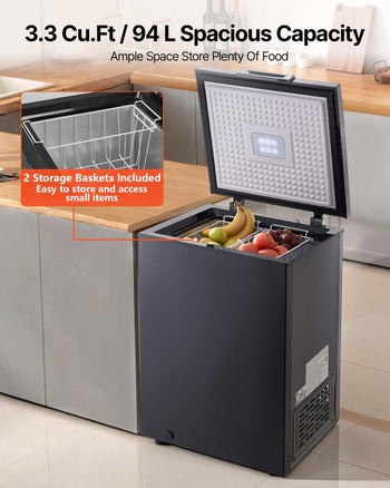 Chest Freezer, 3.3 Cu.ft Compact Deep Freezer, Free Standing Top Open Door Chest Freezers with 2 Removable Baskets & Adjustable Thermostat - Energy Saving, Low Noise & Garage Ready, Black