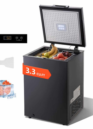 Chest Freezer, 3.3 Cu.ft Compact Deep Freezer, Free Standing Top Open Door Chest Freezers with 2 Removable Baskets & Adjustable Thermostat - Energy Saving, Low Noise & Garage Ready, Black