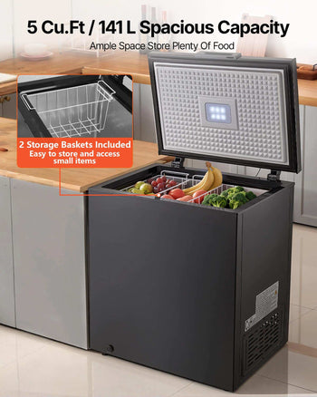 Chest Freezer, 5 Cu.ft Compact Deep Freezer, Free Standing Top Open Door Chest Freezers with 2 Removable Baskets & Adjustable Thermostat - Energy Saving, Low Noise & Garage Ready, Black