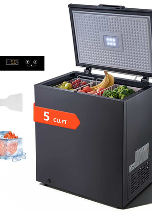 Chest Freezer, 5 Cu.ft Compact Deep Freezer, Free Standing Top Open Door Chest Freezers with 2 Removable Baskets & Adjustable Thermostat - Energy Saving, Low Noise & Garage Ready, Black