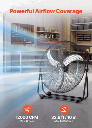 Industrial Shop Fan, 30 Inch Floor Drum Fan, High Velocity 12000 CFM, Heavy Duty Aluminum Blades, 3 Speeds, 360 Degree Tilt, Ideal for Commercial, Garage, Warehouse, Basement, Workshop, Black