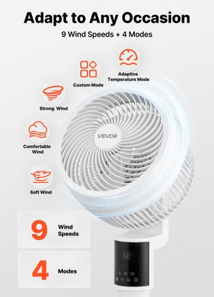 9-Inch Pedestal Fan, 80° Oscillating Standing Floor Fan with Quite DC Motor, Remote Control, 9 Speeds & 4 Smart Modes, 24H Timer, Adjustable Height, for Home, Bedroom, Living Room, White