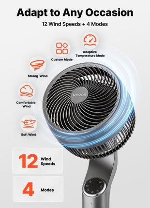 9-Inch Pedestal Fan, 80° Oscillating Standing Floor Fan with Quite DC Motor, Remote Control, 9 Speeds & 4 Smart Modes, 24H Timer, Adjustable Height, for Home, Bedroom, Living Room, Silver Gray