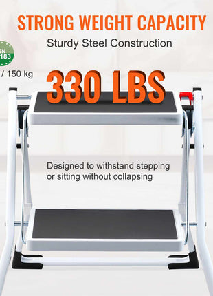 Sturdy white metal step stool with black non-slip surface, holding 330 lbs, ideal for safe stepping and sitting.