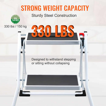 Sturdy white metal step stool with black non-slip surface, holding 330 lbs, ideal for safe stepping and sitting.