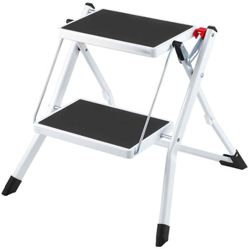 Folding step stool with two black non-slip platforms and a sturdy white frame for easy access.