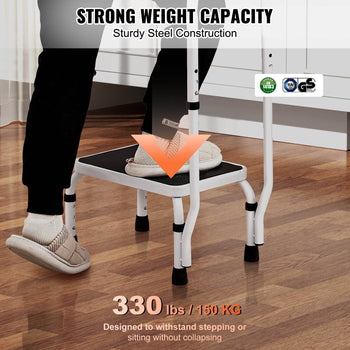 Sturdy white steel step stool with non-slip black platform, supports up to 330 lbs, ideal for safe and convenient access.
