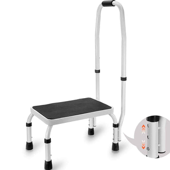 Sturdy silver aluminum step stool with black rubber platform, safety handle, adjustable height, ideal for home use.