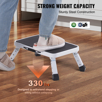 Sturdy white steel step stool with black non-slip top, supports up to 330 lbs, ideal for home use.