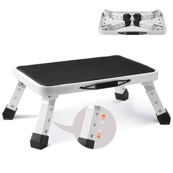 Adjustable white and black folding step stool with rubber grips, perfect for home or office use.