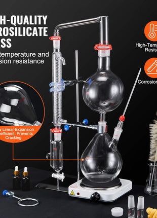 Essential Oil Distillation Kit, 2000ml Distillation Apparatus, 3.3 Boro Lab Glassware Distillation Kit with 1000W Heating Plate and 24, 40 Joint, 28 pcs Set