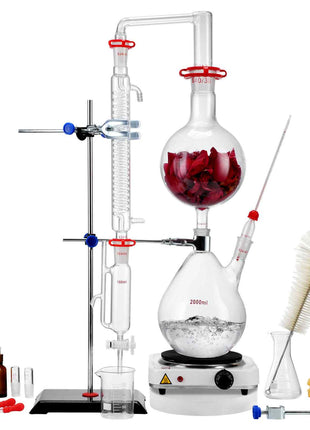 Essential Oil Distillation Kit, 2000ml Distillation Apparatus, 3.3 Boro Lab Glassware Distillation Kit with 1000W Heating Plate and 24, 40 Joint, 28 pcs Set