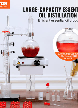 Essential Oil Distillation Kit, 500ml Distillation Apparatus, 3.3 Boro Lab Glassware Distillation Kit with 1000W Heating Plate and 24, 40 Joint, 33 pcs Set
