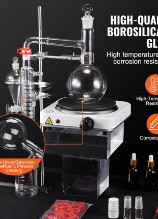 Essential Oil Distillation Kit, 500ml Distillation Apparatus, 3.3 Boro Lab Glassware Distillation Kit with 1000W Heating Plate and 24, 40 Joint, 33 pcs Set