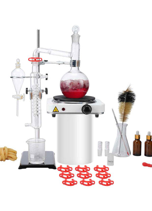 Essential Oil Distillation Kit, 500ml Distillation Apparatus, 3.3 Boro Lab Glassware Distillation Kit with 1000W Heating Plate and 24, 40 Joint, 33 pcs Set