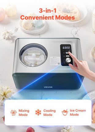 Automatic Ice Cream Maker with Built-in Compressor, 1.5 Quart No Pre-freezing Gelato Maker, Electric Sorbet-Maker, 3 Modes Compressor Ice Cream Machine for Home Kitchen