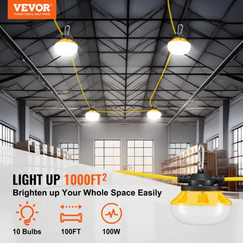 100FT Construction String Lights, 100W 10000LM, 10PCs String Work Light, 5000K, IP65 Waterproof, with Hanging Hooks, for Construction Site, Temporary Lighting Indoor & Outdoor, ETL Listed