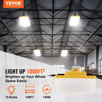 100FT Construction String Lights, 150W 15000LM, 10PCs String Work Light, 5000-5500K, IP65 Waterproof, with Hanging Hooks, for Construction Site, Temporary Lighting Indoor & Outdoor, ETL Listed