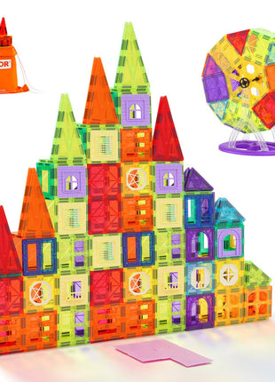 Magnetic Tiles, 181 PCS Magnetic Building Blocks for Kids, Magnet Building Set with Car Bases/Ferris Wheel/Letter & Digital Cards, STEM Construction Stacking Toys for Toddlers Boys Girls Aged 5+