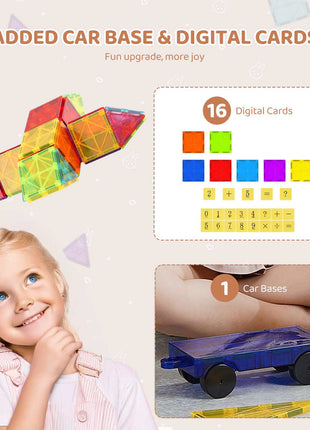 Magnetic Tiles, 55 PCS Magnetic Building Blocks for Kids, Magnet Building Set with Car Base & 16 Digital Cards, STEM Educational Construction Stacking Toys Gift for Toddlers Boys Girls Aged 4+