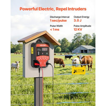 Electric Fence Charger, 10kV 3J, AC DC Electric Fence Energizer with LED Indicator, 1.86 Miles Range, Powerful Plug-in Fences Charger, Prevents Wild Animals Intrusion for Livestock Poultry