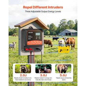 Multi-Powered Electric Fence Charger, 2J/3J/5J, Electric Fence Energizer with Real-Time LED Display, 6.2 Miles Range, AC DC Powerful Fences Charger, Keep Out Wild Animals, for Livestock Poultry