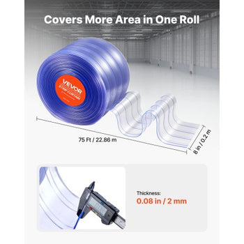Clear PVC Strip Curtain, 75 ft Length x 8 in Width, Ribbed Plastic Door Strip Bulk Roll, Walk in Freezer Cooler Curtain Strips for Doorways of Supermarket, Garage, Warehouse, Pet Animal House