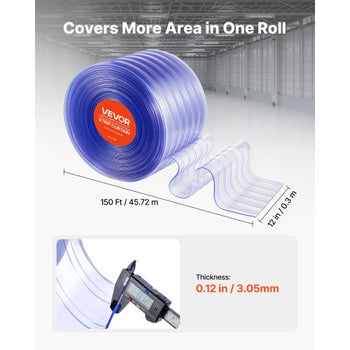 Clear PVC Strip Curtain, 150 ft Length x 12 in Width, Ribbed Plastic Door Strip Bulk Roll, Walk in Freezer Cooler Curtain Strips for Doorways of Supermarket, Garage, Warehouse, Pet Animal House