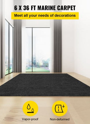 Marine Carpet, 6 x 36 ft Boat Carpeting, Charcoal Black Marine Grade Boat Carpet, Indoor/Outdoor Marine Carpeting with Water-proof TPR Backing, Water-proof Carpet Roll for Home, Patio, Porch, De