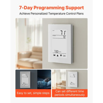 7-Day Programmable Thermostat, Home Thermostats for Radiant Underfloor Heating Cable, Heat Pump, with GFCI & Sensitive Sensor, LCD Touchscreen, Energy-Efficient, Gray-White  (Without Wifi)
